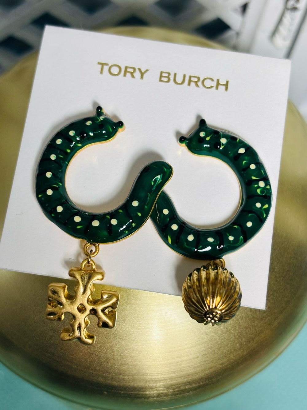 Tory Burch Green Enamel Snails Shaped Earrings with Gold Charms. New on card. - Picture 3 of 5